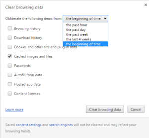 Uncheck everything except "Cached Images and Files", click on the drop down box and select "The beginning of time". Then click "Clear Browsing Data"