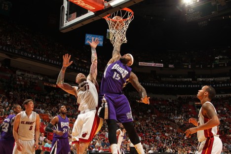 MIAMI, FL - MARCH 7: DeMarcus Cousins #15 of the Sacramento Kings goes to the basket against Chris Andersen #11 of the Miami Heat on March 7, 2015 at American Airlines Arena in Miami, Florida. NOTE TO USER: User expressly acknowledges and agrees that, by downloading and or using this Photograph, user is consenting to the terms and conditions of the Getty Images License Agreement. Mandatory Copyright Notice: Copyright 2015 NBAE (Photo by Issac Baldizon/NBAE via Getty Images)